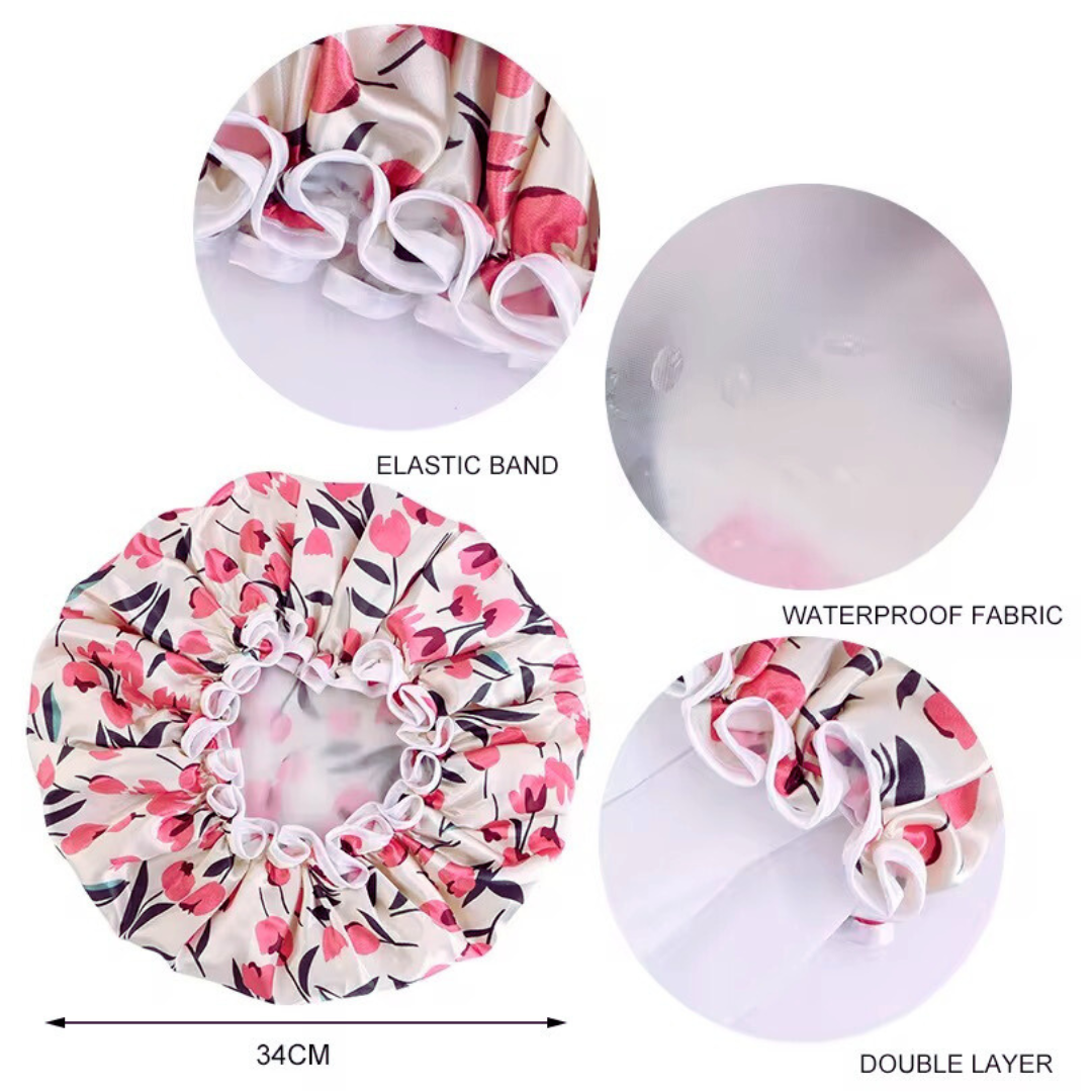 Double Layer Satin Silk Shower Bonnet – Reusable Waterproof Hair Cap with Ruffles