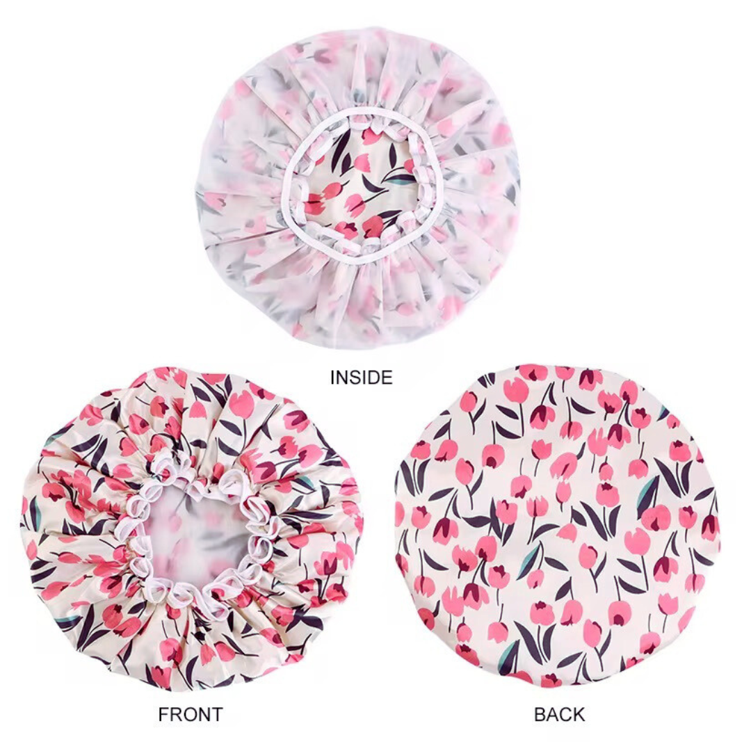 Double Layer Satin Silk Shower Bonnet – Reusable Waterproof Hair Cap with Ruffles