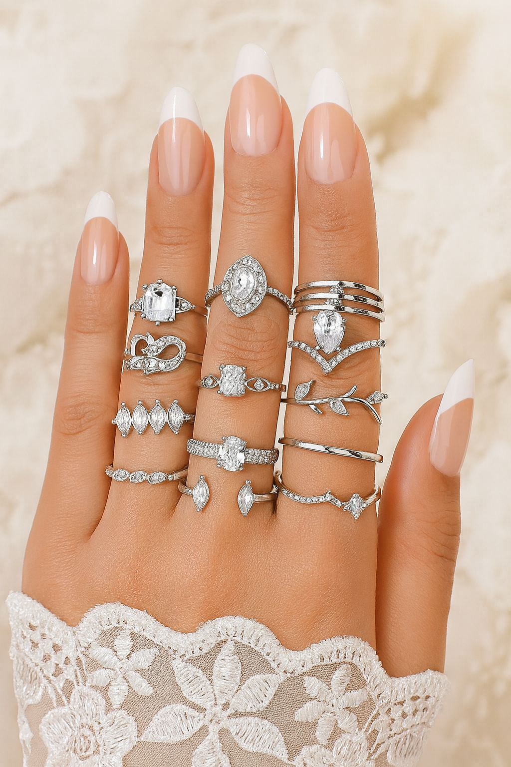 15-Piece Silver Rhinestone Ring Set – Boho Stacking Rings for Women