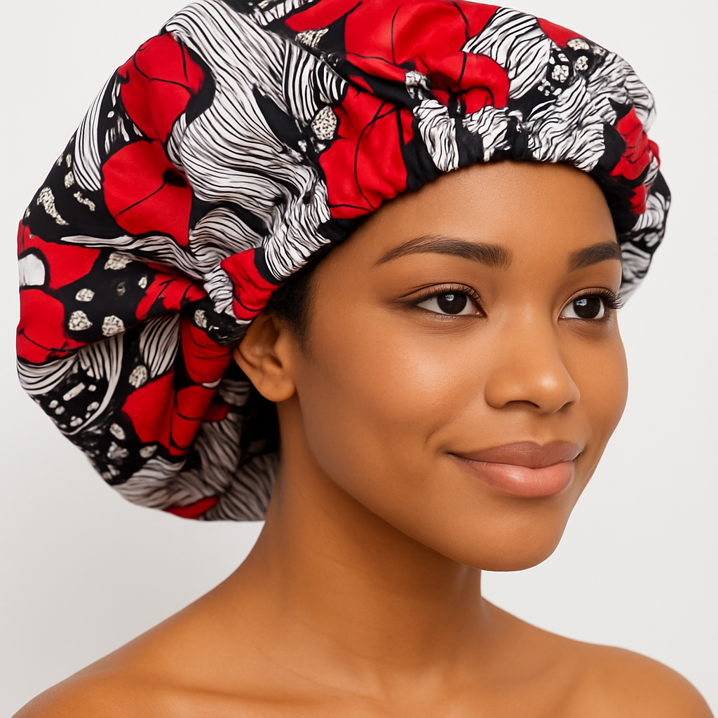 Red & Black Floral Satin Bonnet – Protective Sleep Cap for Natural Hair & Braids UK - Fatisha Boutique #