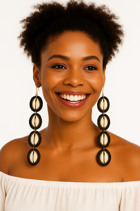 Handmade Long Cowrie Shell Beaded Earrings – Statement Dangle Earrings with Black Beads - Fatisha Boutique #