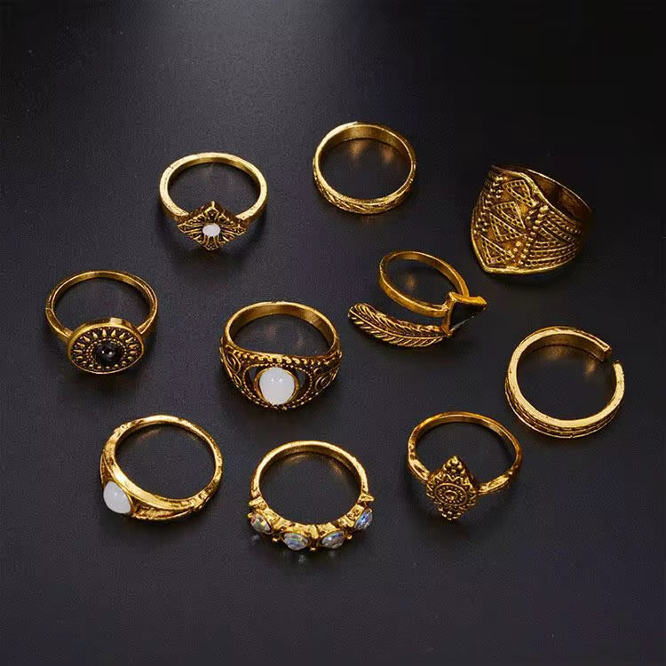 Bohemian 10-Piece Antique Gold & Silver Ring Set – Vintage Tribal Knuckle Rings - Fatisha Boutique #