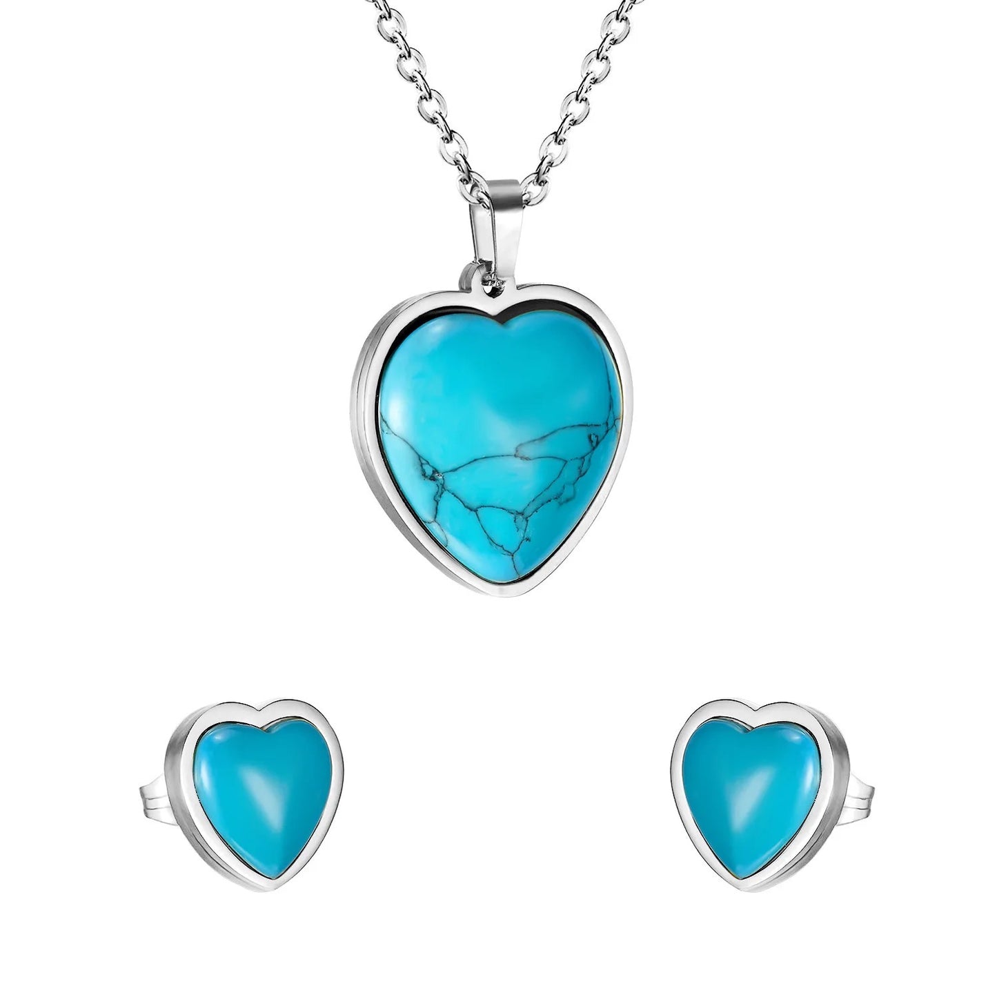 Turquoise Love Heart Shaped Pendant Stainless Steel Pendant Set