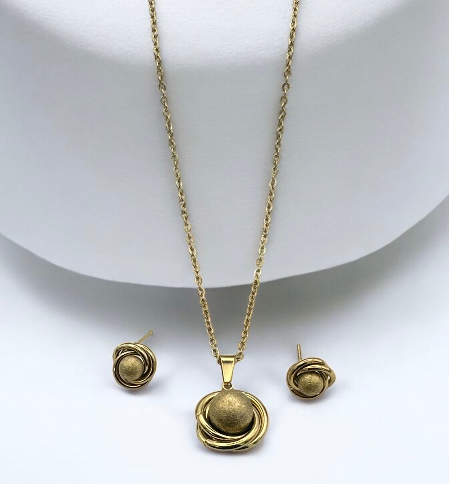 Stainless Steel Textured Sphere Necklace & Earrings Set – Elegant Gold & Silver Jewellery Gift for Women - Fatisha Boutique #