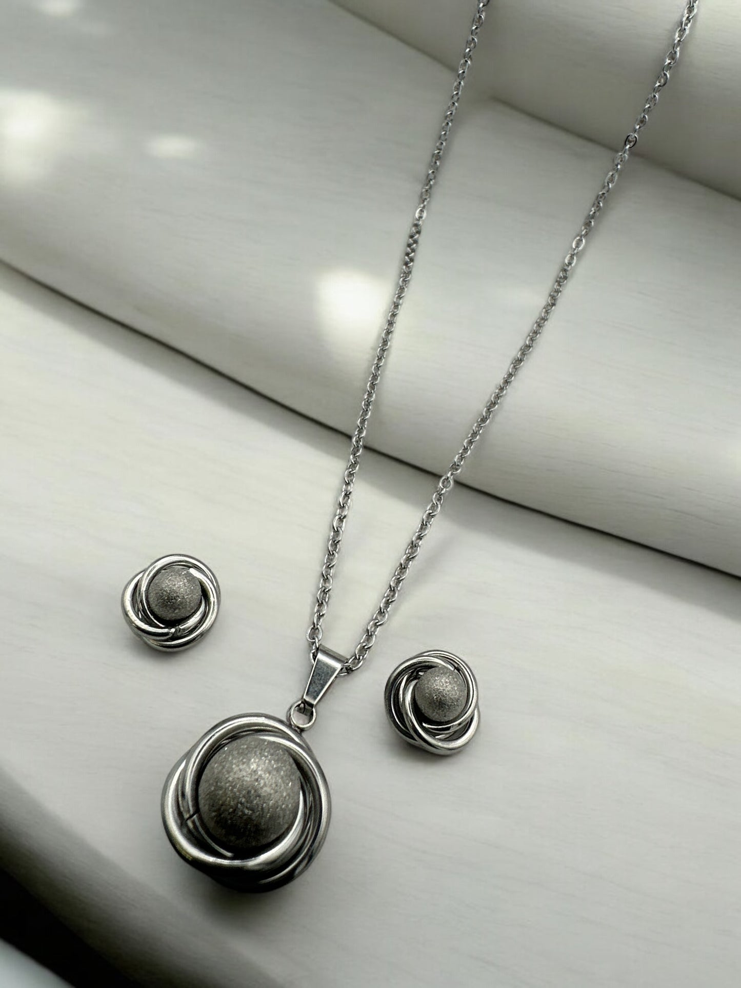 Stainless Steel Textured Sphere Necklace & Earrings Set – Elegant Gold & Silver Jewellery Gift for Women - Fatisha Boutique #