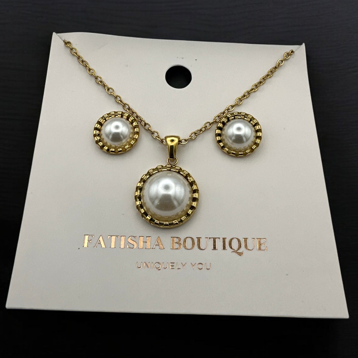 Elegant Pearl-Inspired Jewellery Set – Stainless Steel Necklace & Stud Earrings in Gold & Silver - Fatisha Boutique #