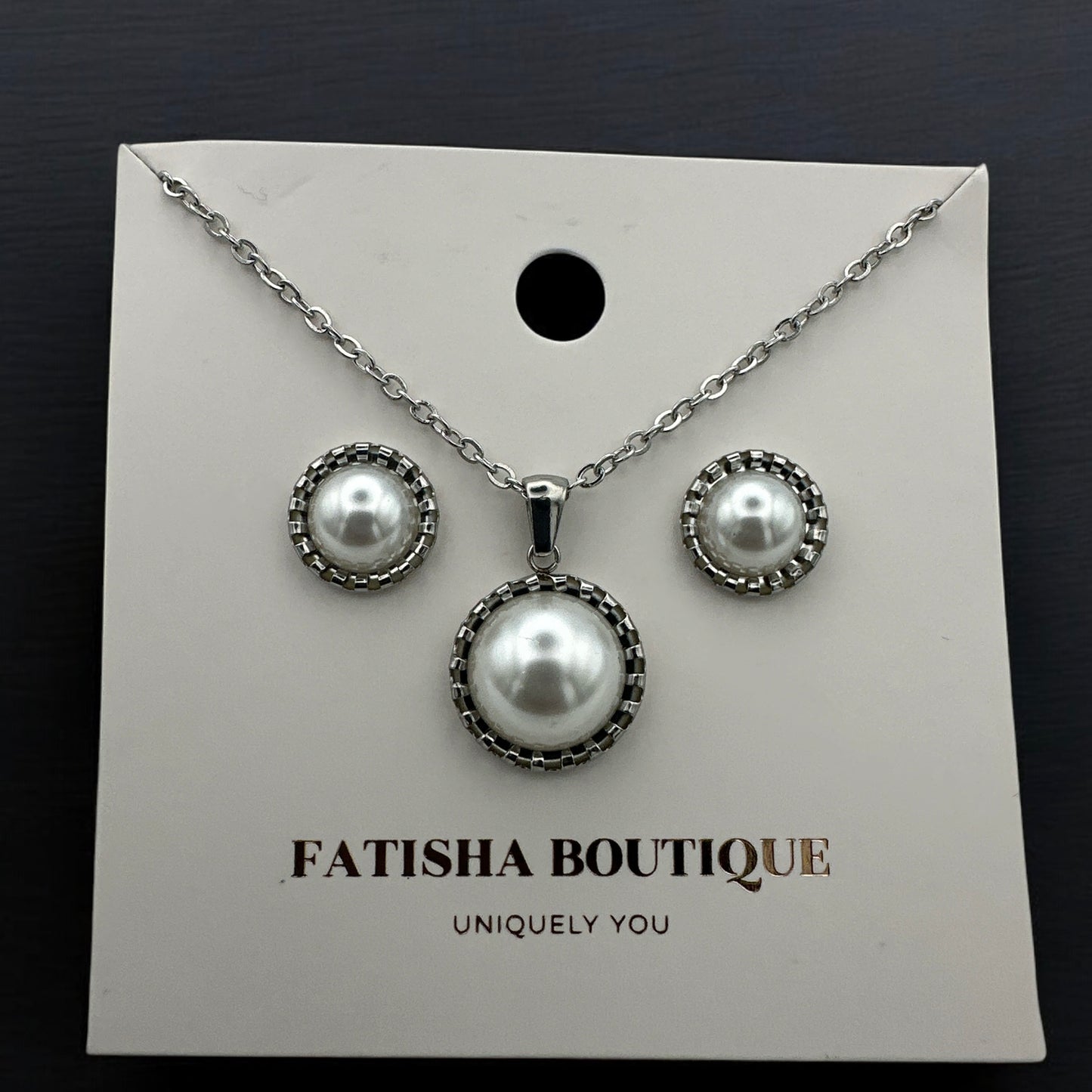 Elegant Pearl-Inspired Jewellery Set – Stainless Steel Necklace & Stud Earrings in Gold & Silver - Fatisha Boutique #