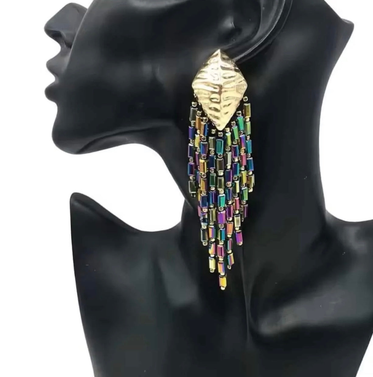 Multicolour Crystal Tassel Statement Earrings – Gold Leaf Beaded Fringe Drop Earrings - Fatisha Boutique #