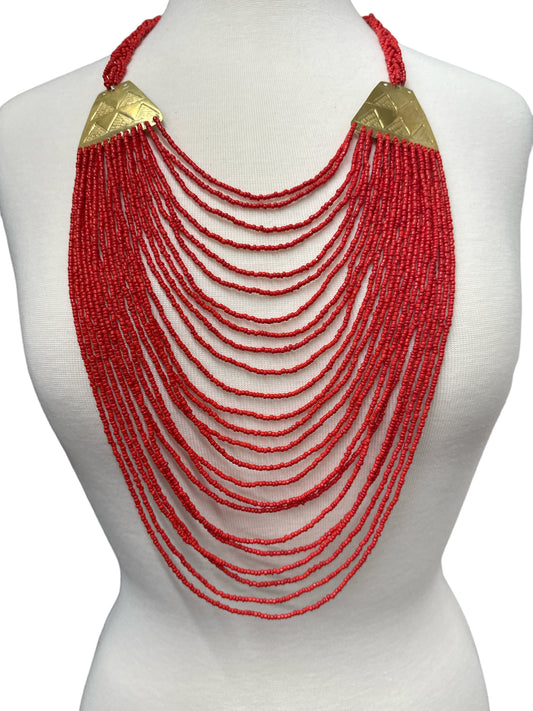 Authentic Long Red Beaded Brass Pendant Ethnic Necklace