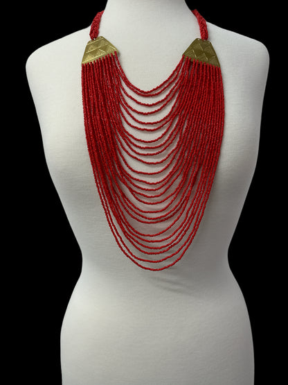 Authentic Long Red Beaded Brass Pendant Ethnic Necklace