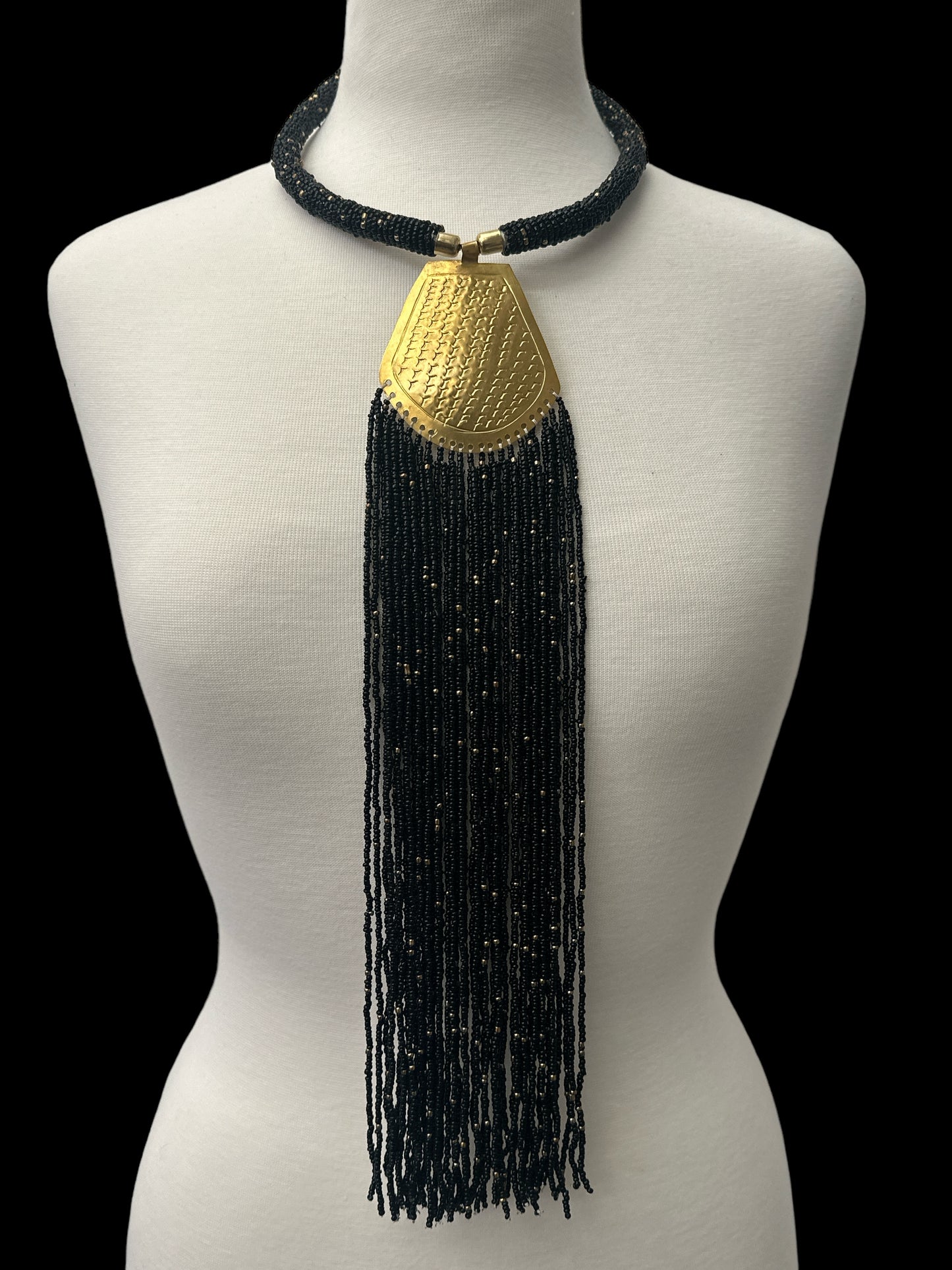 Long Authentic African Engraved Brass Black Beaded Fringe Pendant Necklace - Fatisha Boutique #