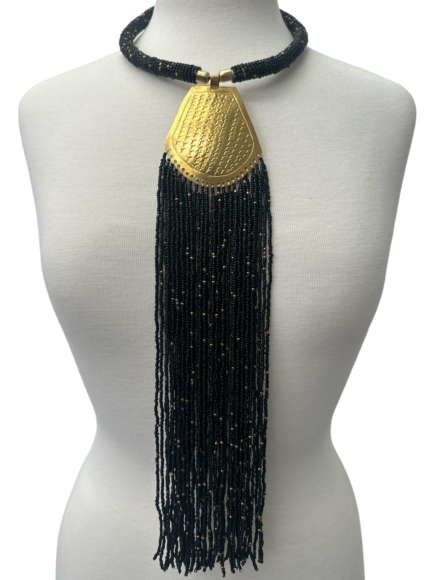 Long Authentic African Engraved Brass Black Beaded Fringe Pendant Necklace - Fatisha Boutique #