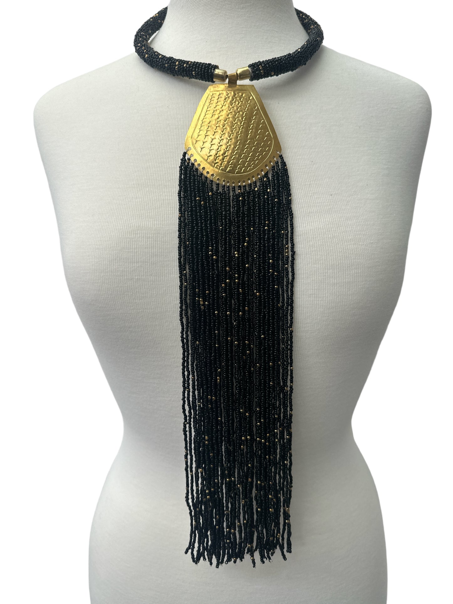 Long Authentic African Engraved Brass Black Beaded Fringe Pendant Necklace - Fatisha Boutique #