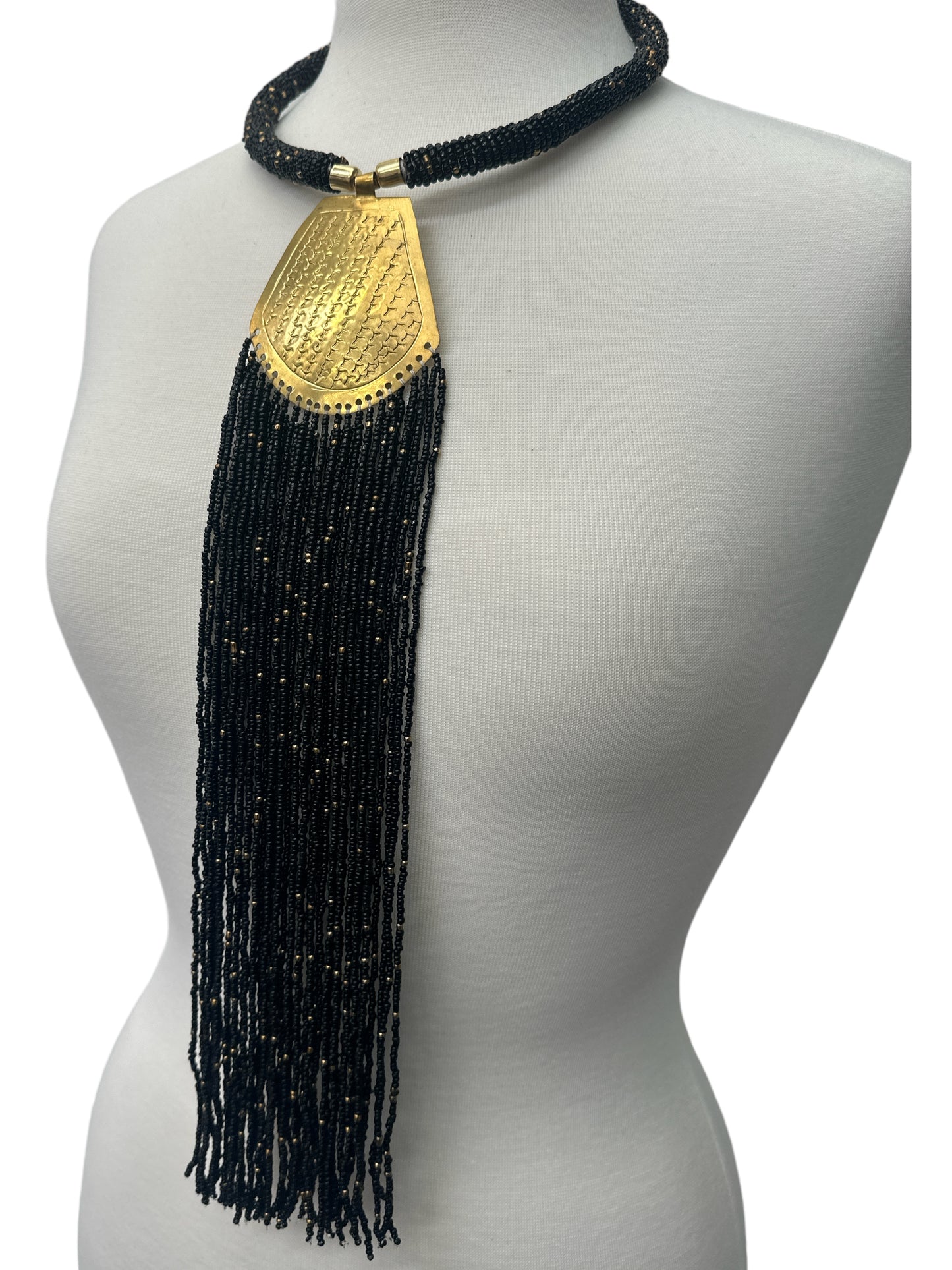 Long Authentic African Engraved Brass Black Beaded Fringe Pendant Necklace - Fatisha Boutique #