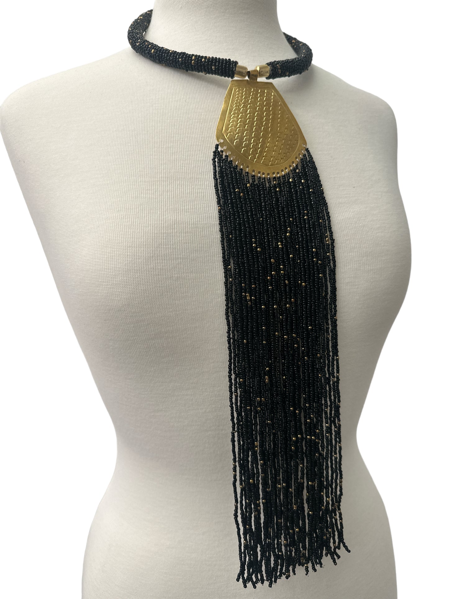 Long Authentic African Engraved Brass Black Beaded Fringe Pendant Necklace - Fatisha Boutique #