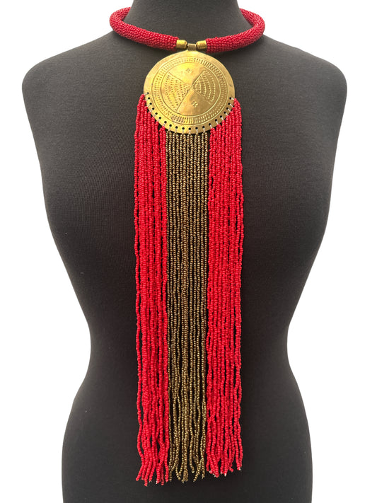 African Authentic Engraved Brass Long Red Beaded Fringe Pendant Necklace