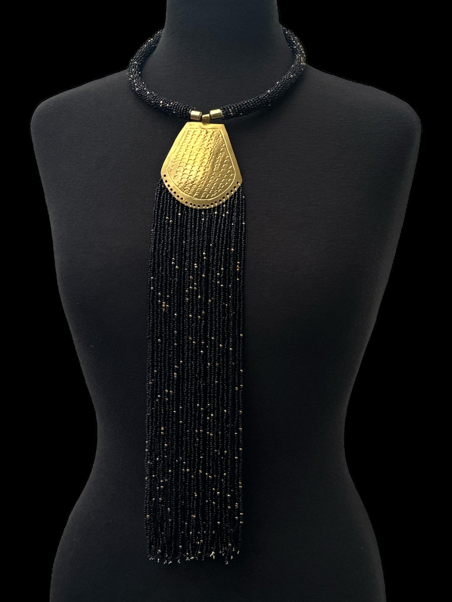 Long Authentic African Engraved Brass Black Beaded Fringe Pendant Necklace - Fatisha Boutique #