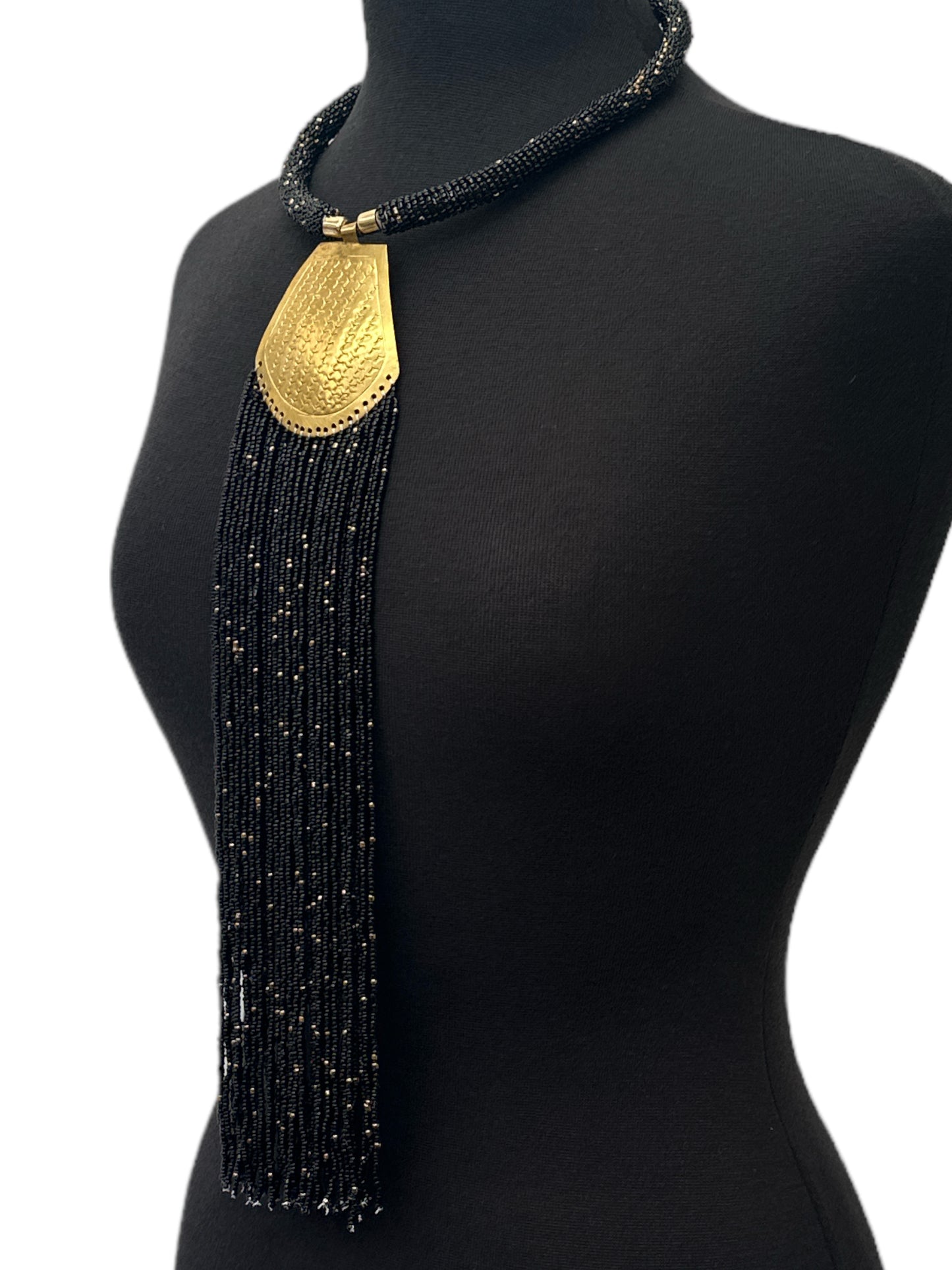 Long Authentic African Engraved Brass Black Beaded Fringe Pendant Necklace - Fatisha Boutique #