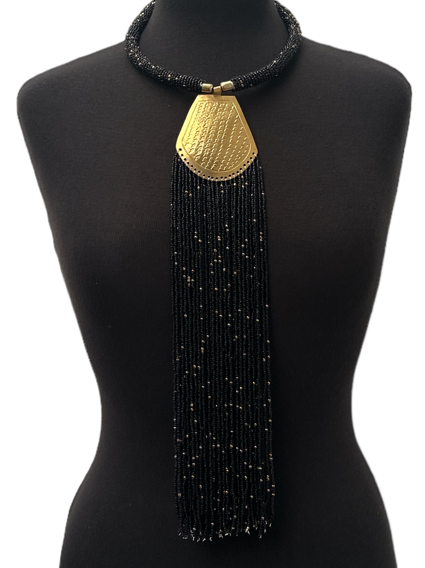 Long Authentic African Engraved Brass Black Beaded Fringe Pendant Necklace - Fatisha Boutique #