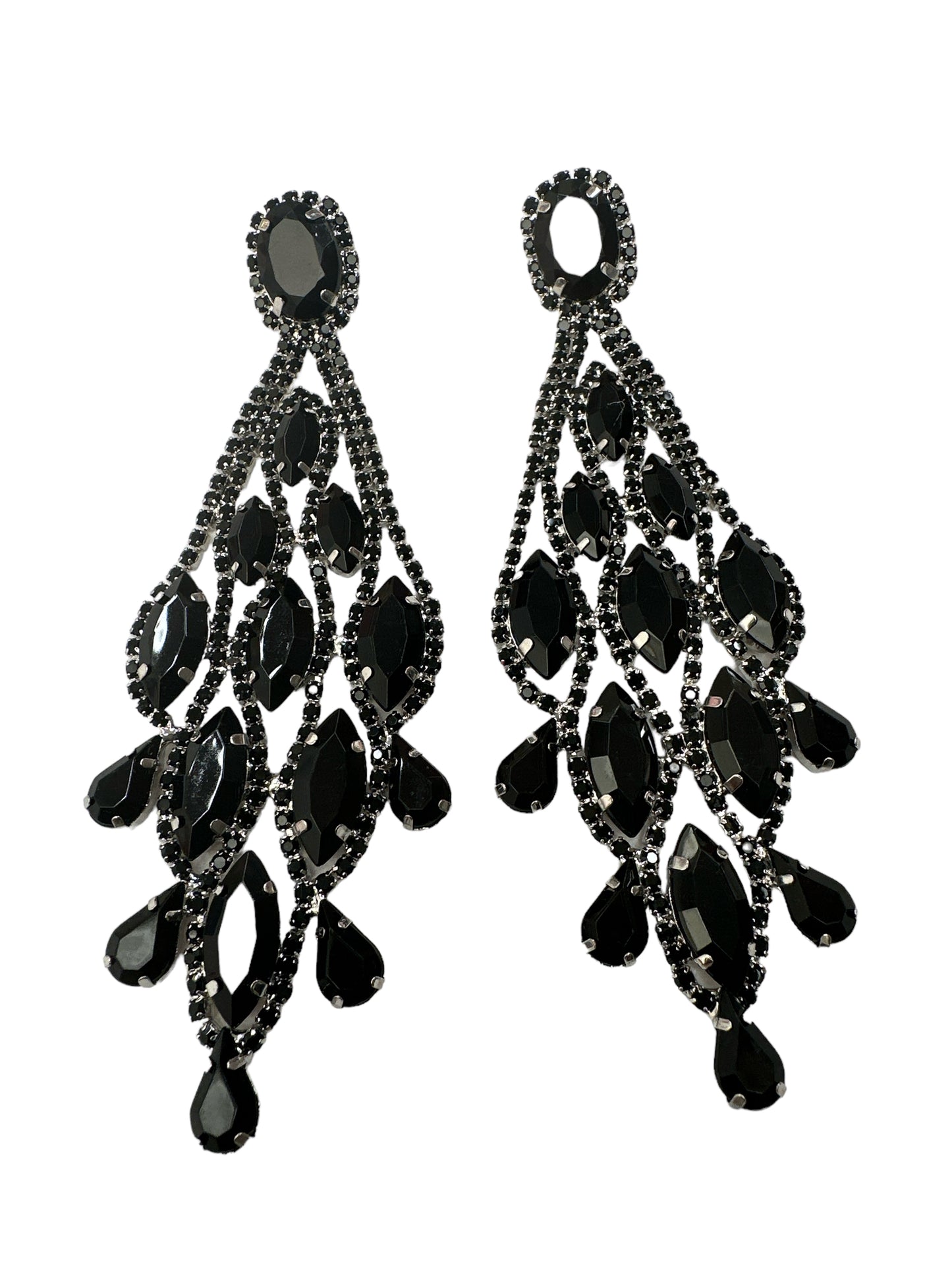 Long Black Glamorous Diamante Rhinestone Teardrop Tassel Statement  Earrings