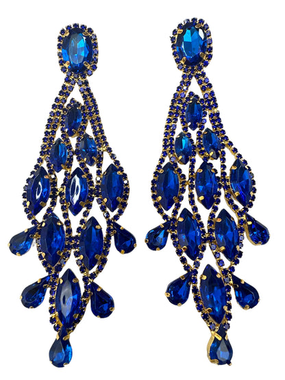 Long Blue Glamorous Diamante Rhinestone Teardrop Tassel  Earrings