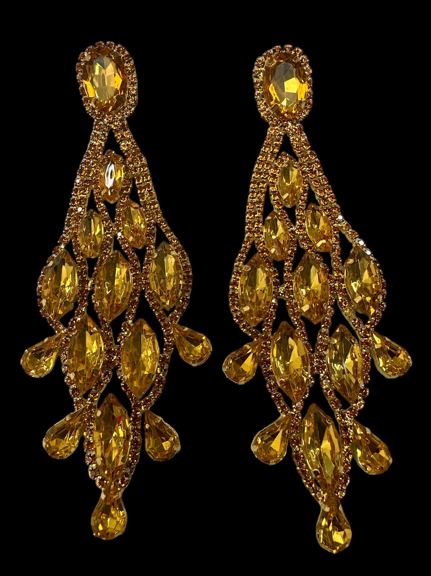 Long Yellow Glamorous Diamante Rhinestone Teardrop Tassel  Earrings