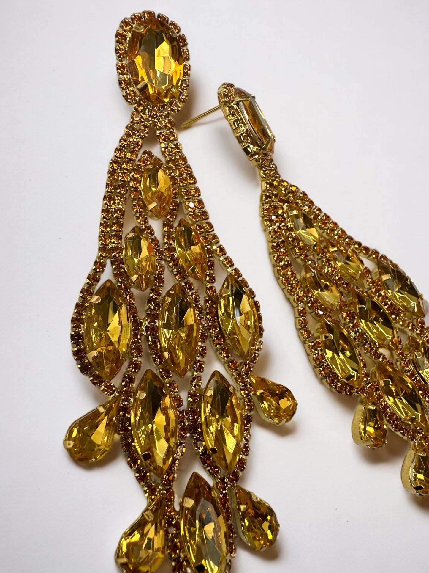 Long Yellow Glamorous Diamante Rhinestone Teardrop Tassel  Earrings