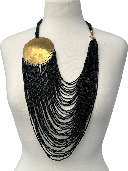 Black African Beaded Necklace with Brass Disc Pendant – Ethnic Jewellery - Fatisha Boutique #