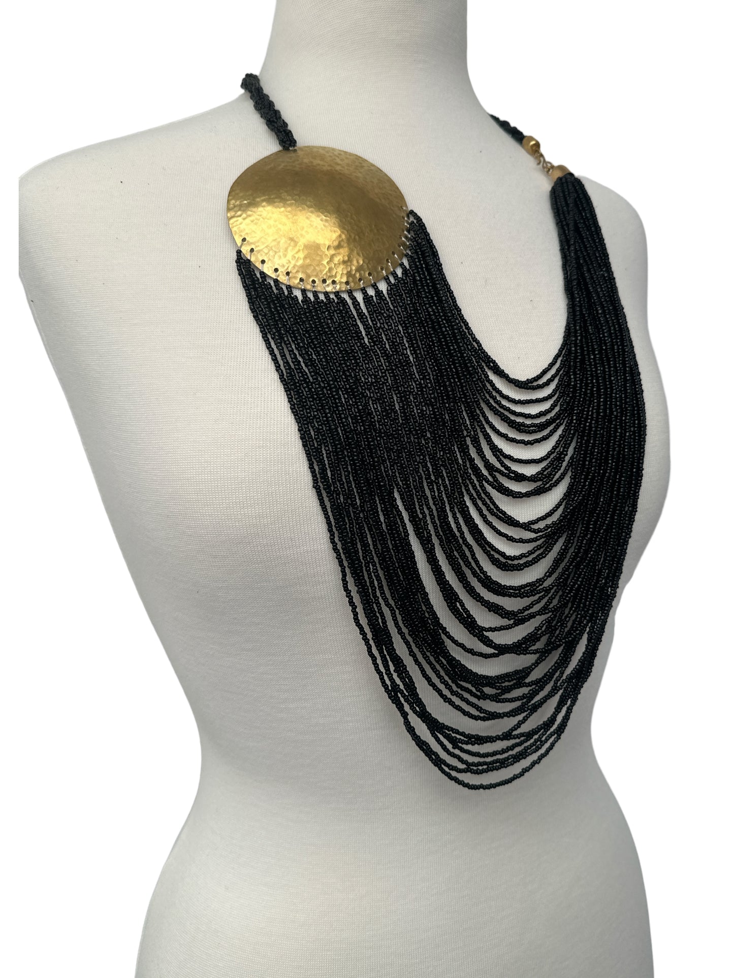Black African Beaded Necklace with Brass Disc Pendant – Ethnic Jewellery - Fatisha Boutique #