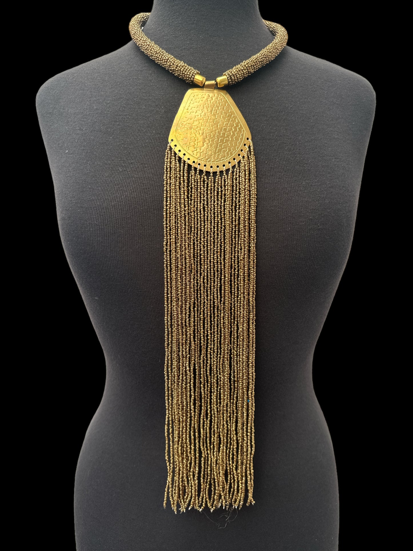 Long African Statement Necklace – Gold Beaded Fringe with Engraved Brass Pendant - Fatisha Boutique #