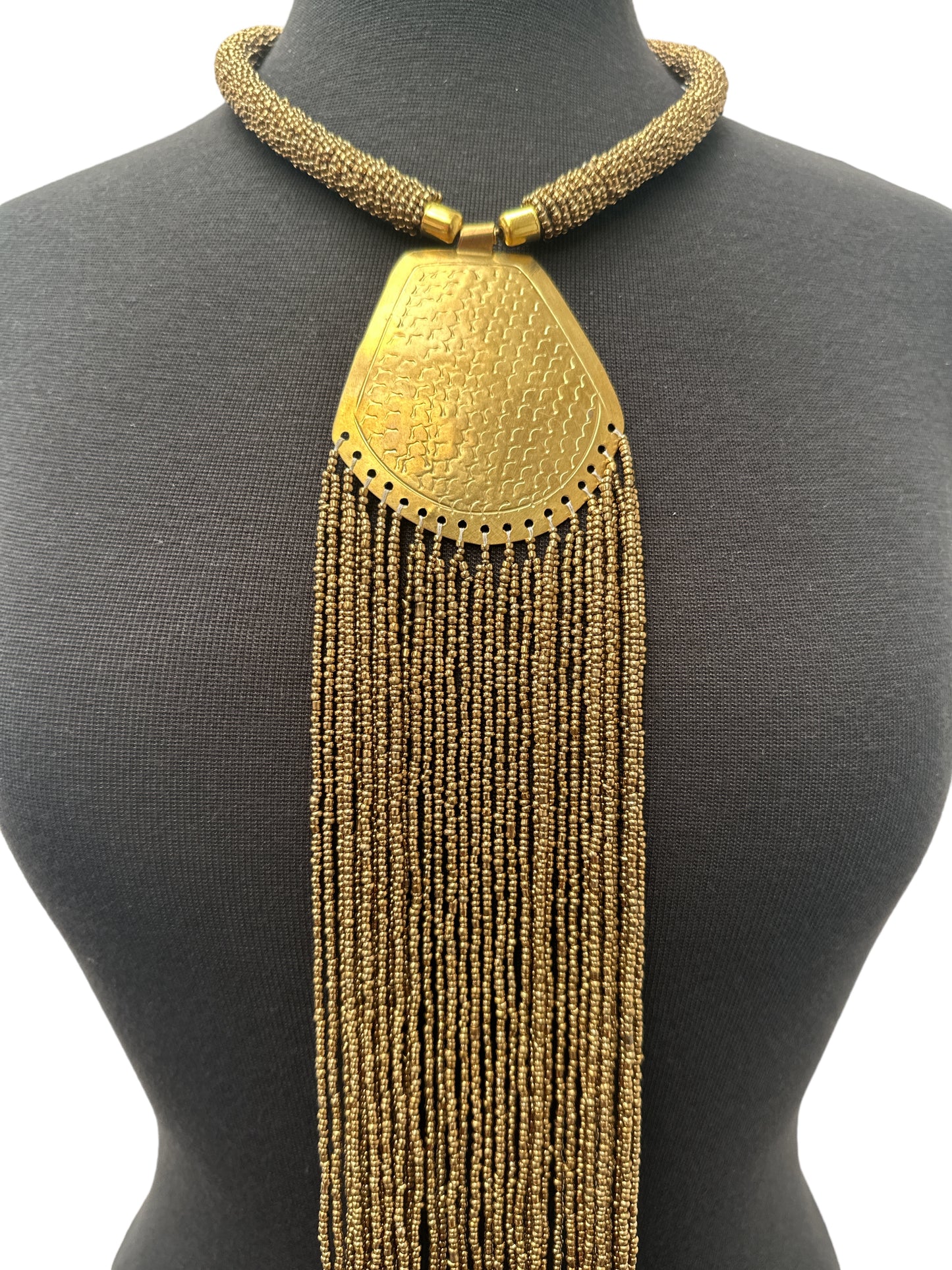 Long African Statement Necklace – Gold Beaded Fringe with Engraved Brass Pendant - Fatisha Boutique #