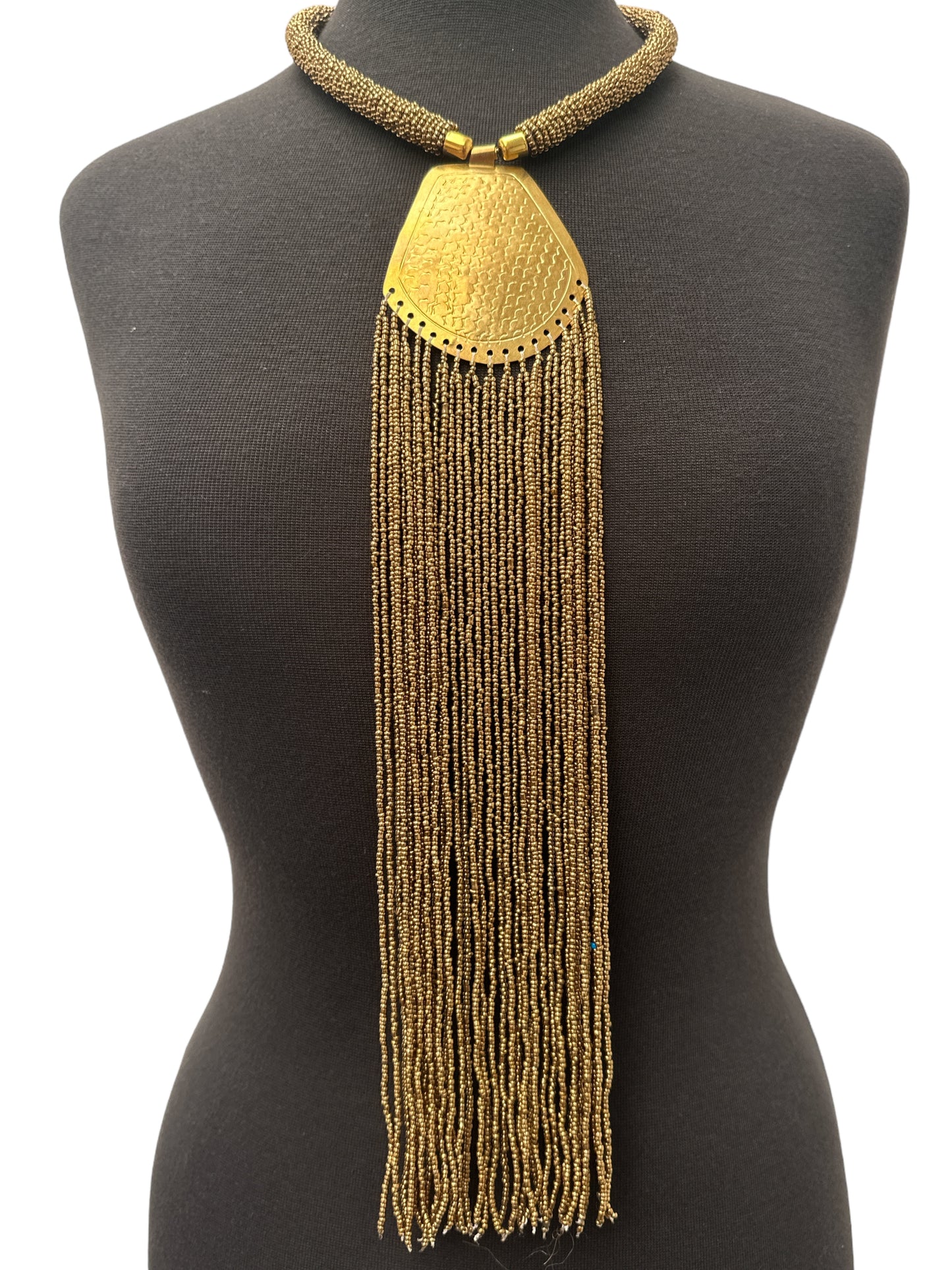 Long African Statement Necklace – Gold Beaded Fringe with Engraved Brass Pendant - Fatisha Boutique #