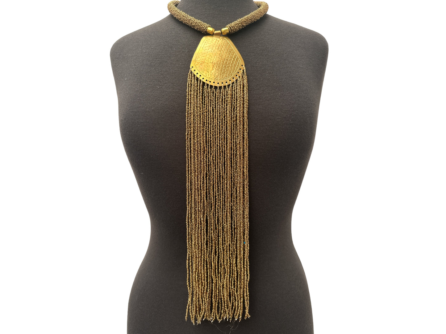 Long African Statement Necklace – Gold Beaded Fringe with Engraved Brass Pendant - Fatisha Boutique #
