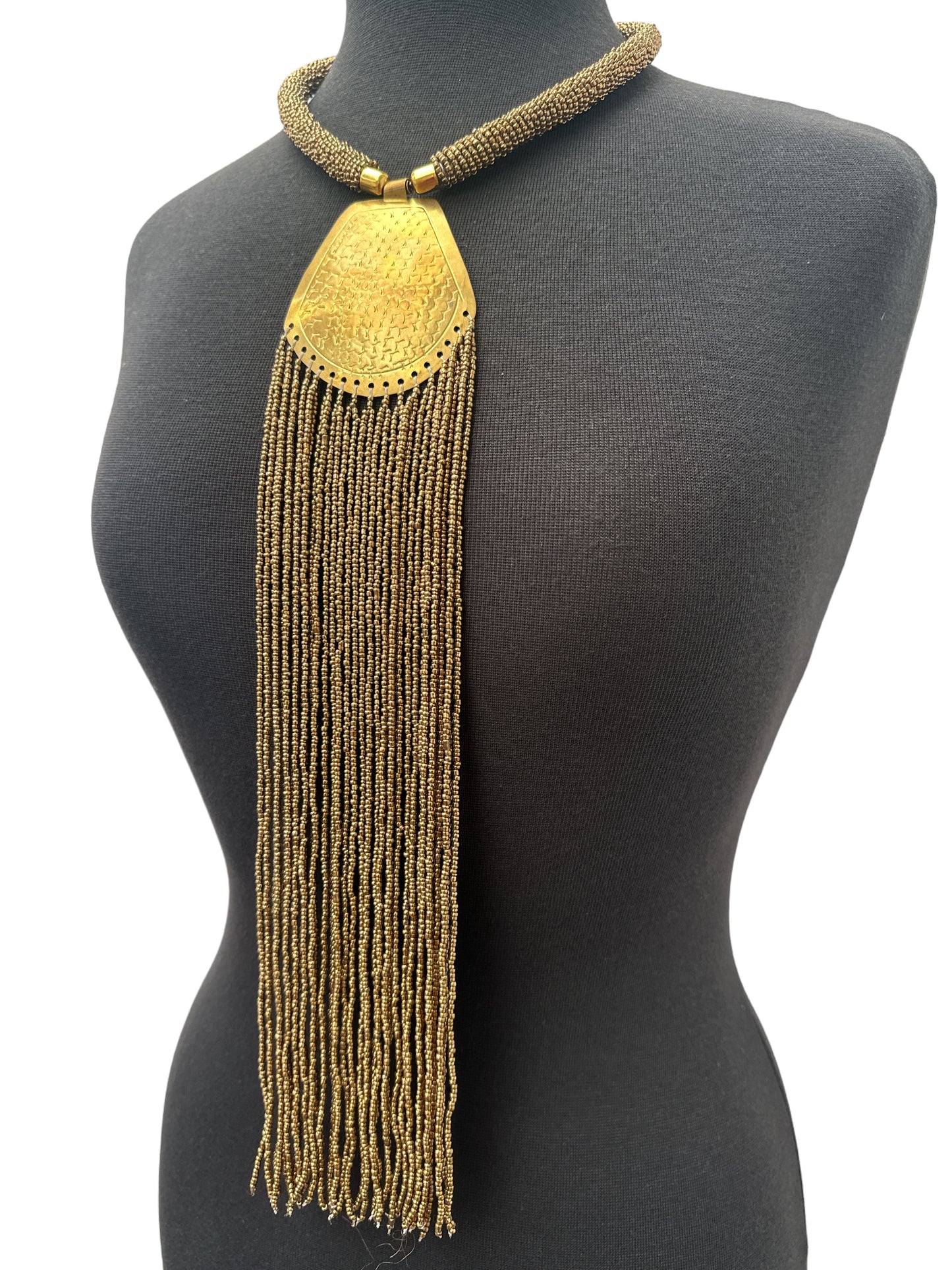 Long African Statement Necklace – Gold Beaded Fringe with Engraved Brass Pendant - Fatisha Boutique #