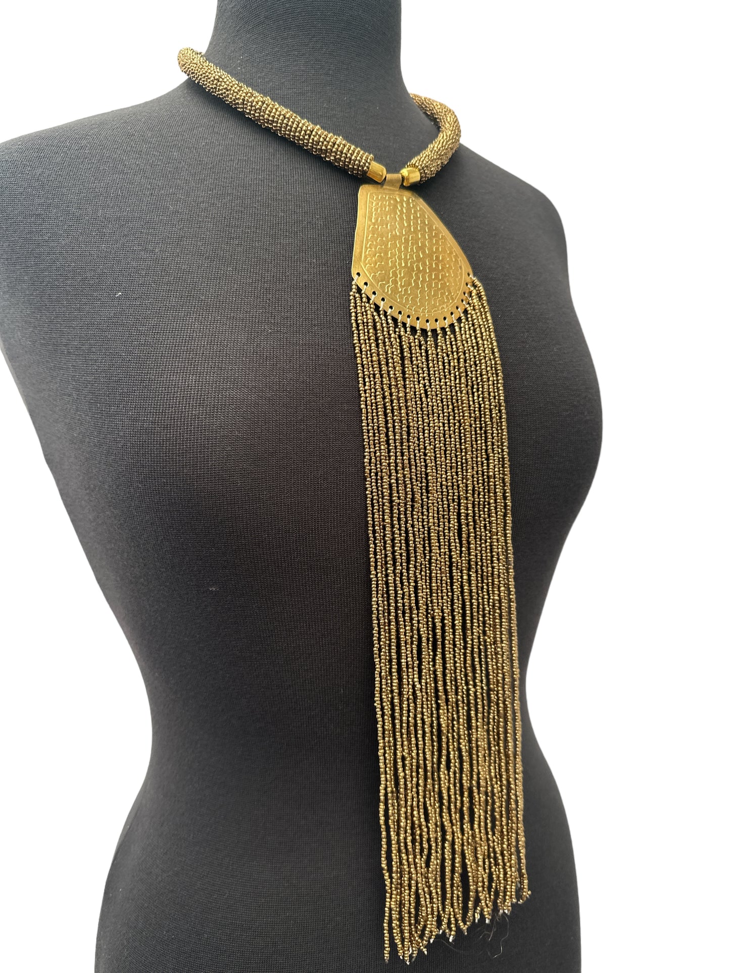 Long African Statement Necklace – Gold Beaded Fringe with Engraved Brass Pendant - Fatisha Boutique #