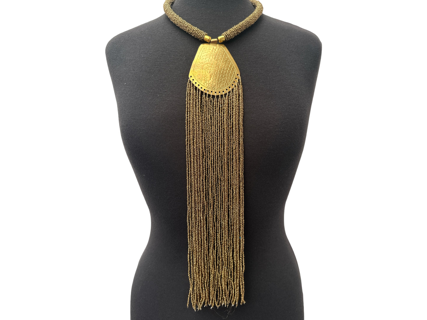 Long African Statement Necklace – Gold Beaded Fringe with Engraved Brass Pendant - Fatisha Boutique #