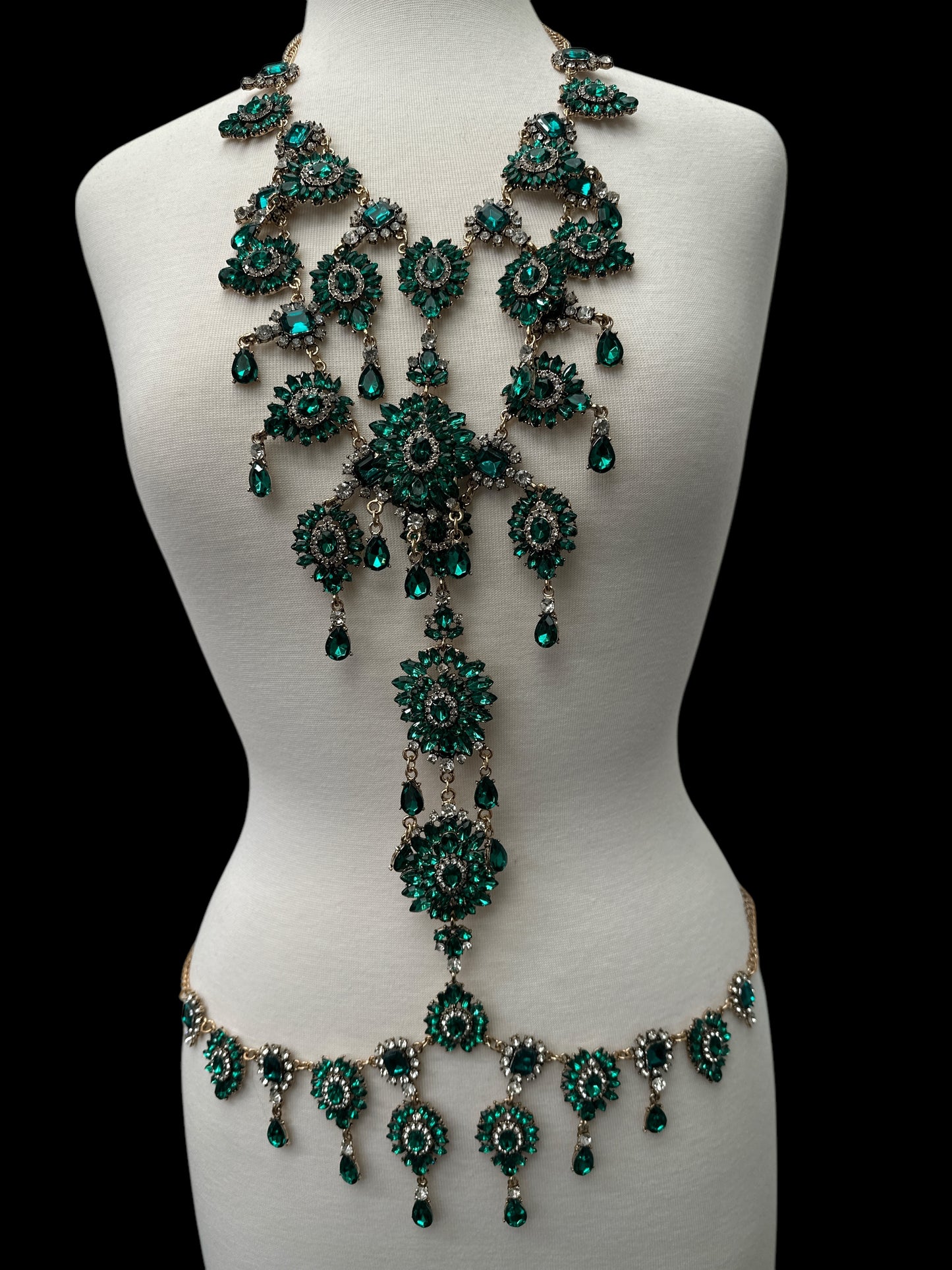 Green Rhinestone Full Body Chain Jewelry – Boho Statement Bridal Festival Harness