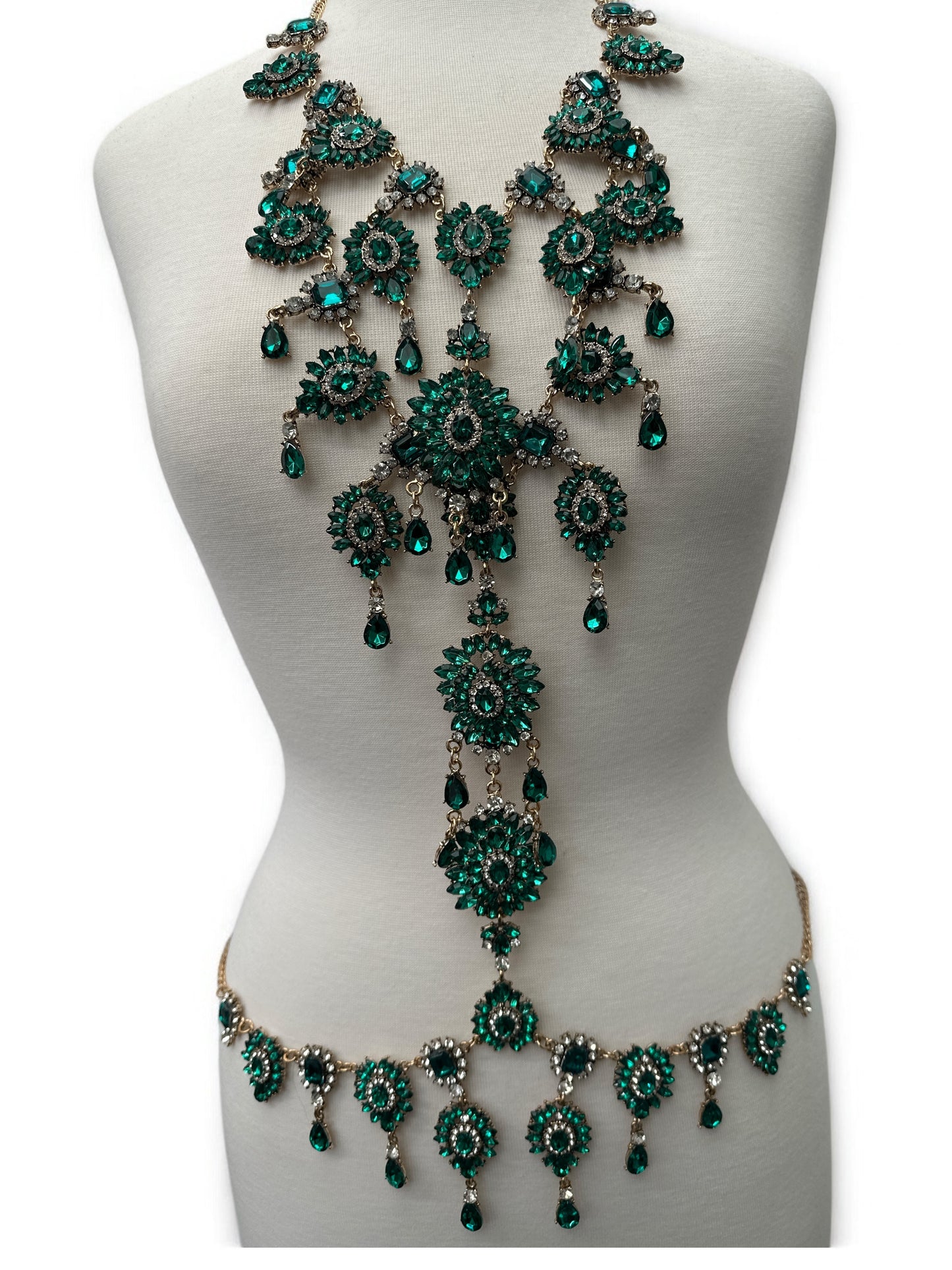 Green Rhinestone Full Body Chain Jewelry – Boho Statement Bridal Festival Harness