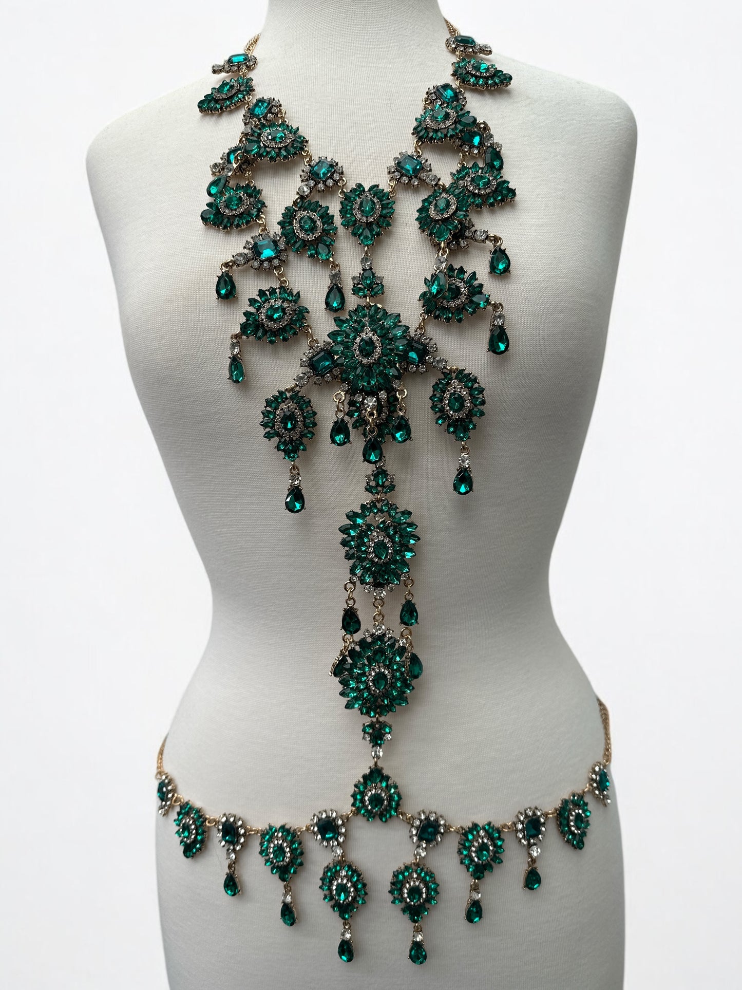 Green Rhinestone Full Body Chain Jewelry – Boho Statement Bridal Festival Harness