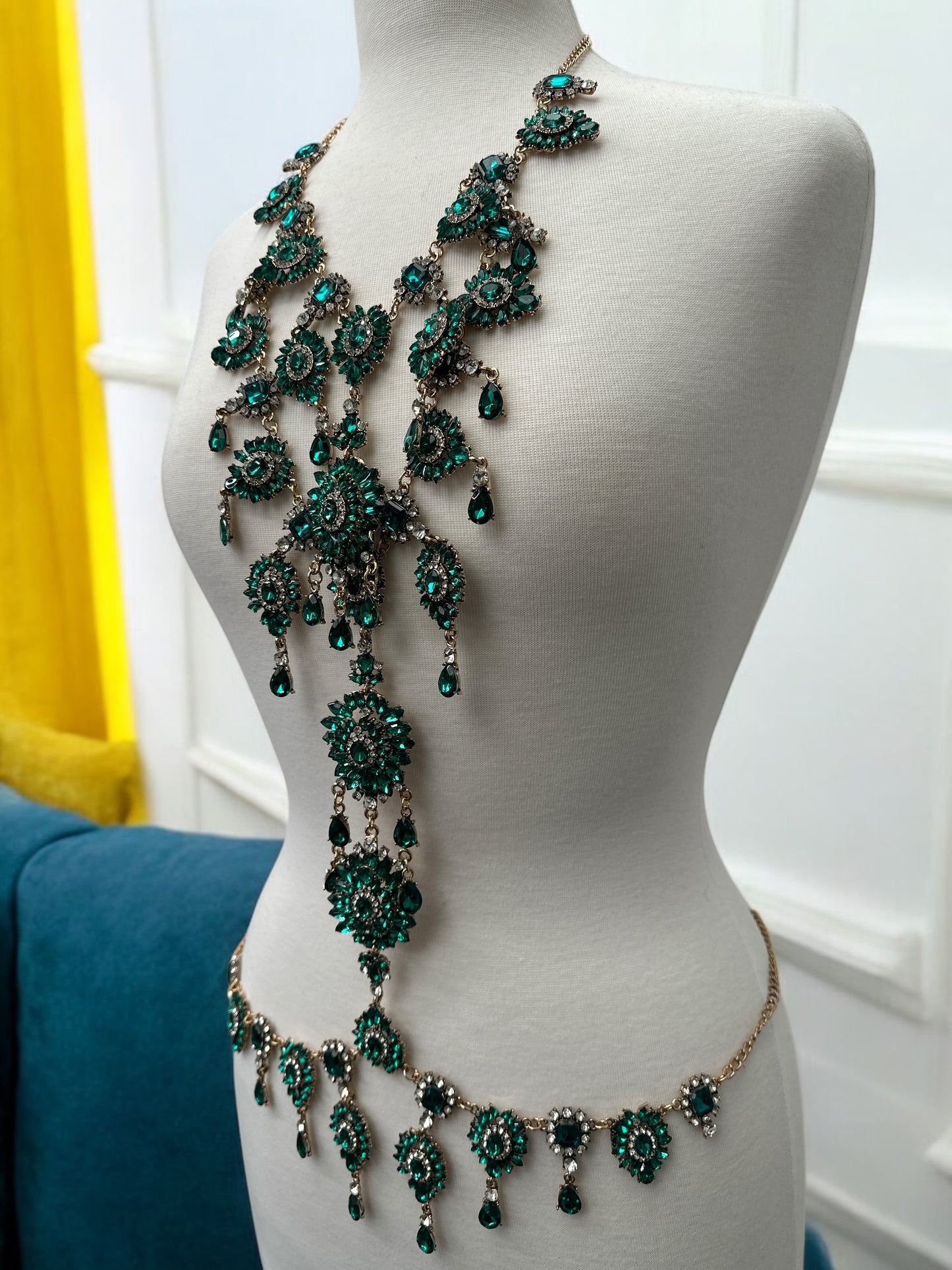 Green Rhinestone Full Body Chain Jewelry – Boho Statement Bridal Festival Harness