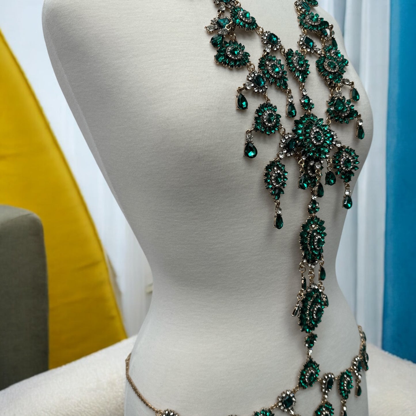 Green Rhinestone Full Body Chain Jewelry – Boho Statement Bridal Festival Harness
