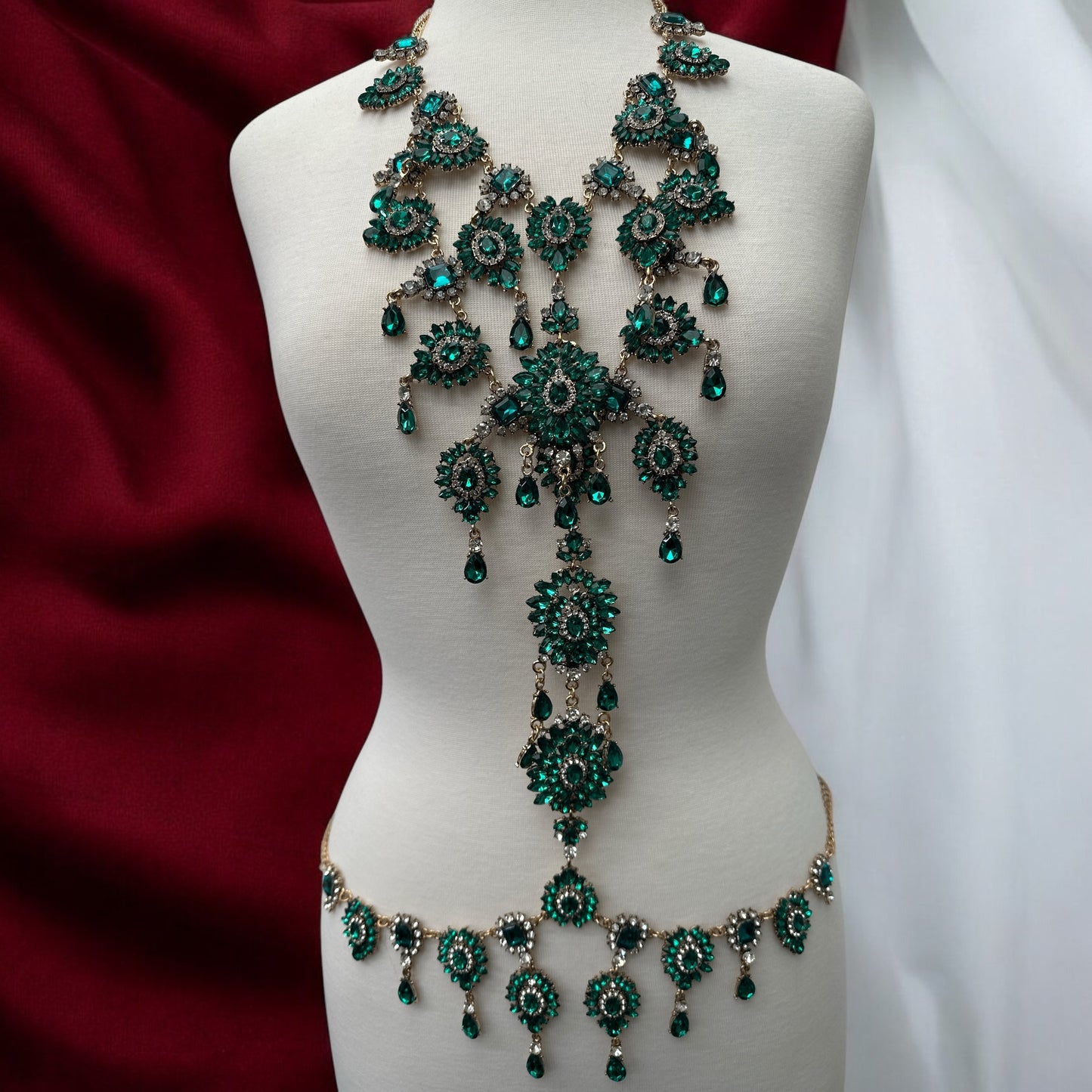 Green Rhinestone Full Body Chain Jewelry – Boho Statement Bridal Festival Harness
