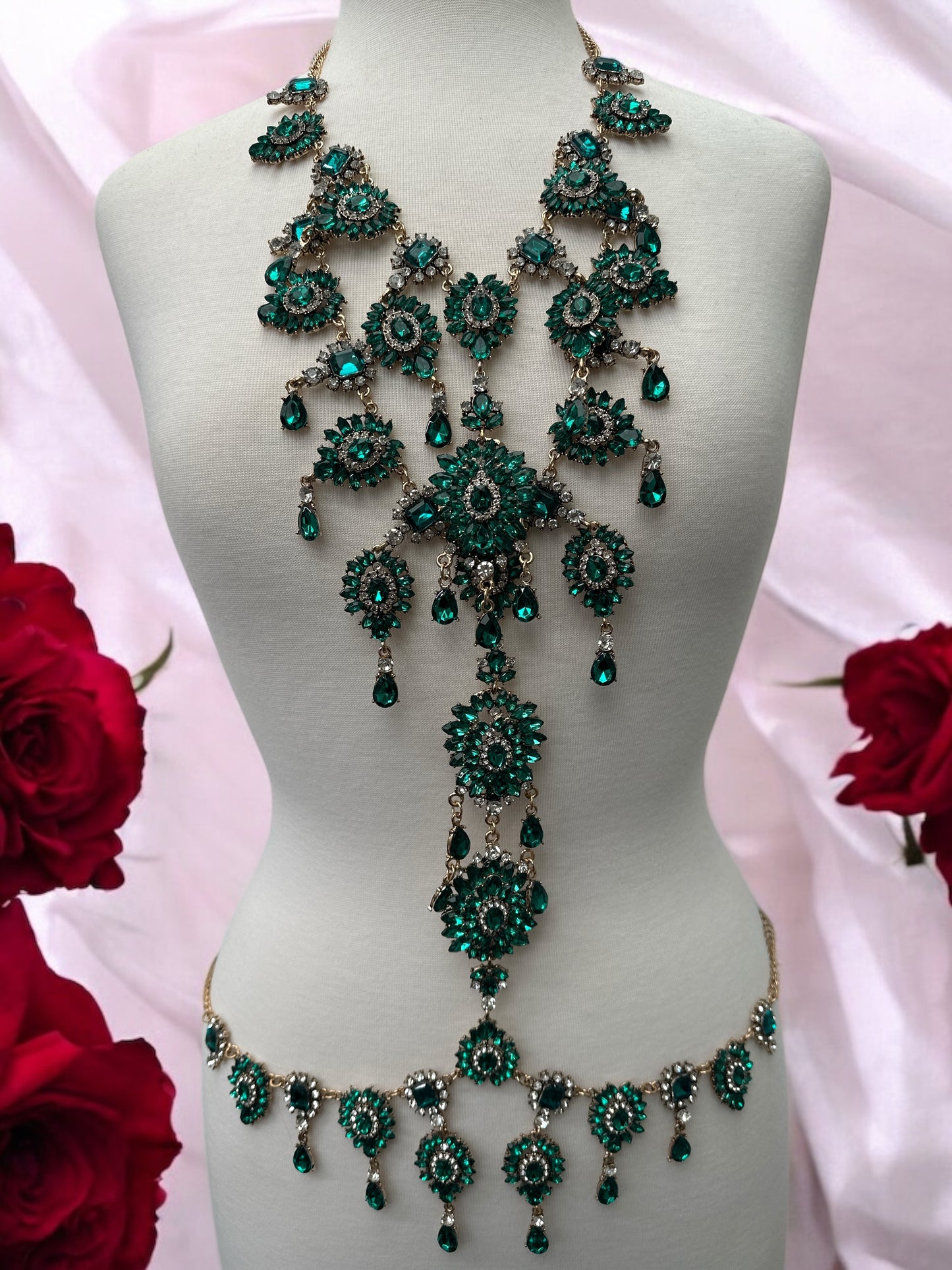 Green Rhinestone Full Body Chain Jewelry – Boho Statement Bridal Festival Harness