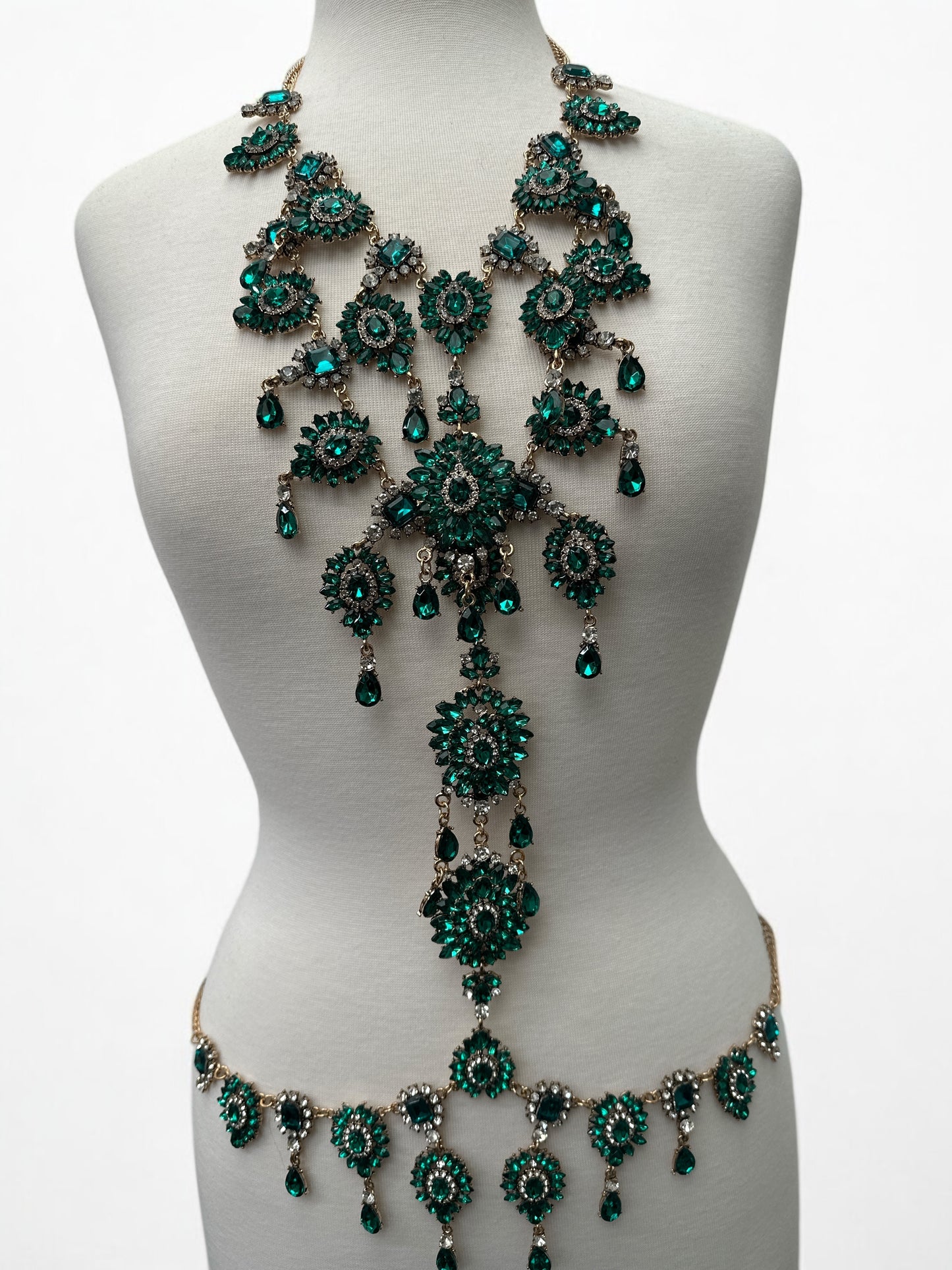 Green Rhinestone Full Body Chain Jewelry – Boho Statement Bridal Festival Harness