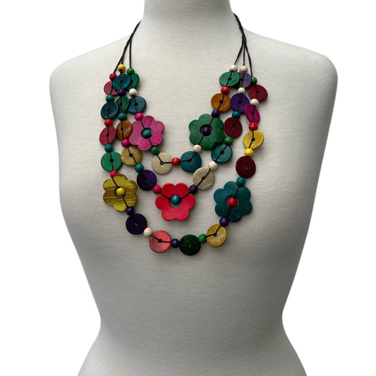 Boho Multicolour Coconut Shell Flower Necklace – Ethnic Beaded Statement Jewellery - Fatisha Boutique #