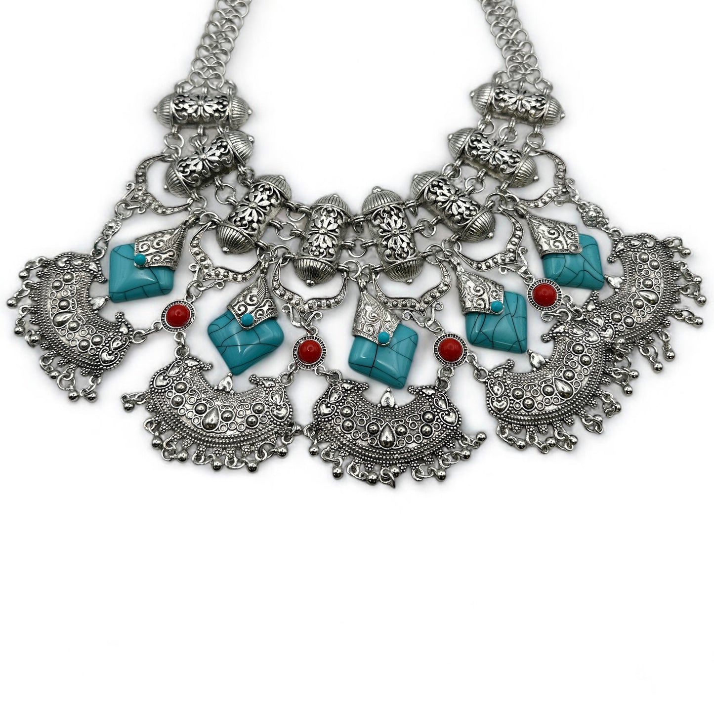 Bohemian Tribal Statement Necklace – Antique Gold & Silver Ethnic Pendant - Fatisha Boutique #