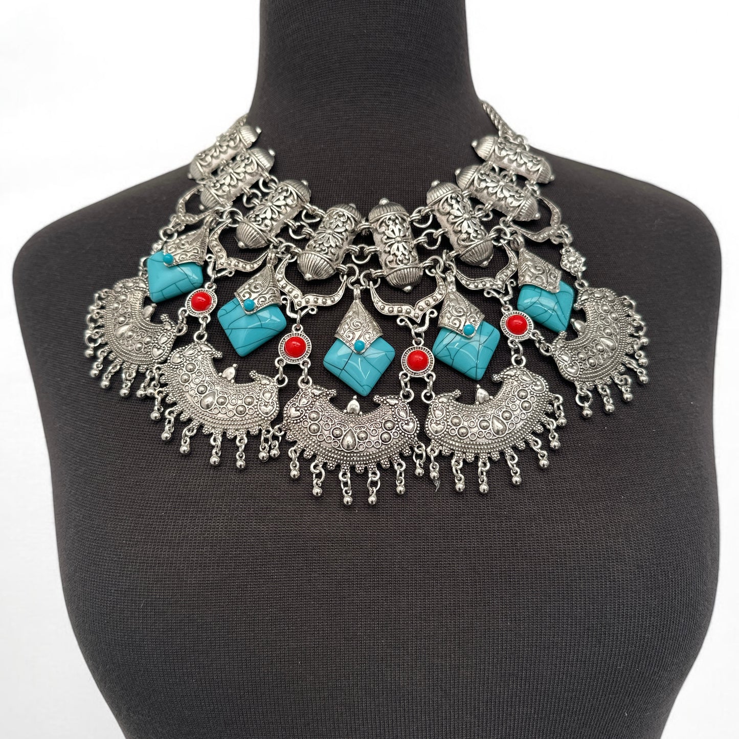 Bohemian Tribal Statement Necklace – Antique Gold & Silver Ethnic Pendant - Fatisha Boutique #