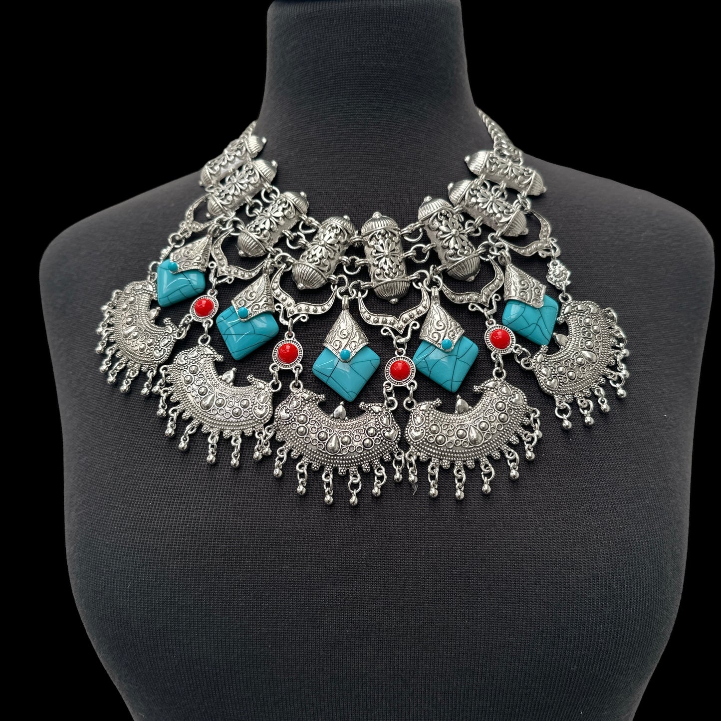 Bohemian Tribal Statement Necklace – Antique Gold & Silver Ethnic Pendant - Fatisha Boutique #