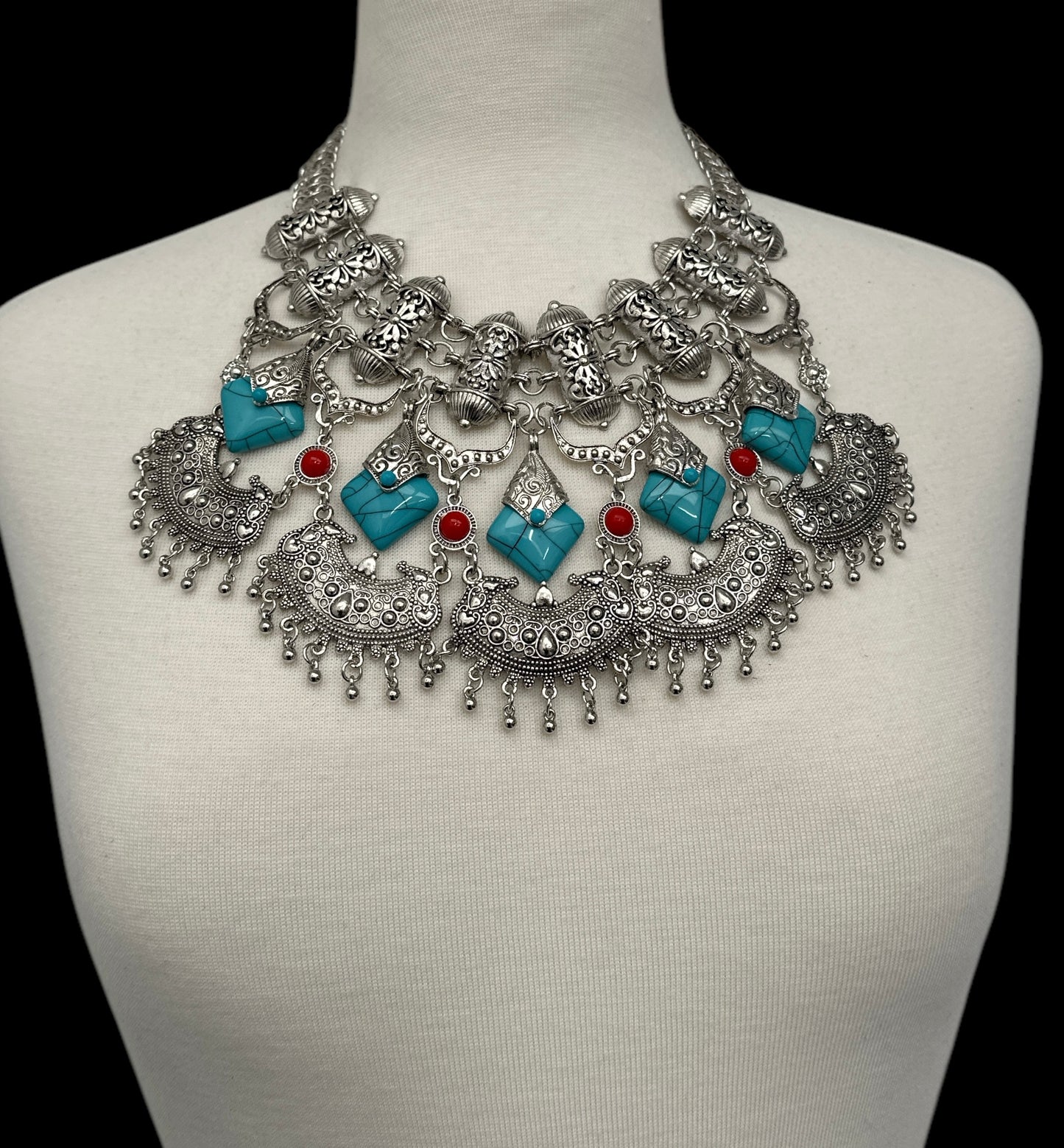 Bohemian Tribal Statement Necklace – Antique Gold & Silver Ethnic Pendant - Fatisha Boutique #
