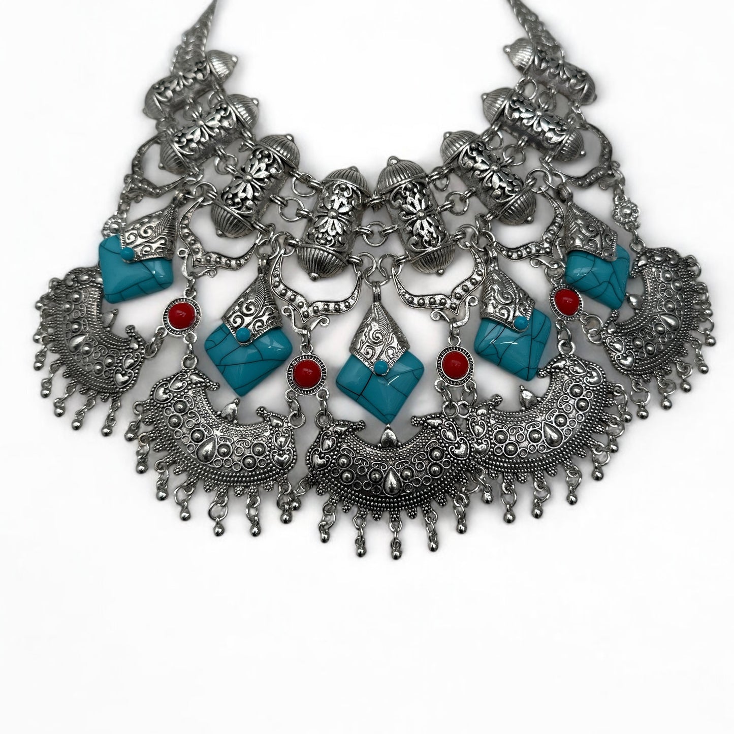 Bohemian Tribal Statement Necklace – Antique Gold & Silver Ethnic Pendant - Fatisha Boutique #